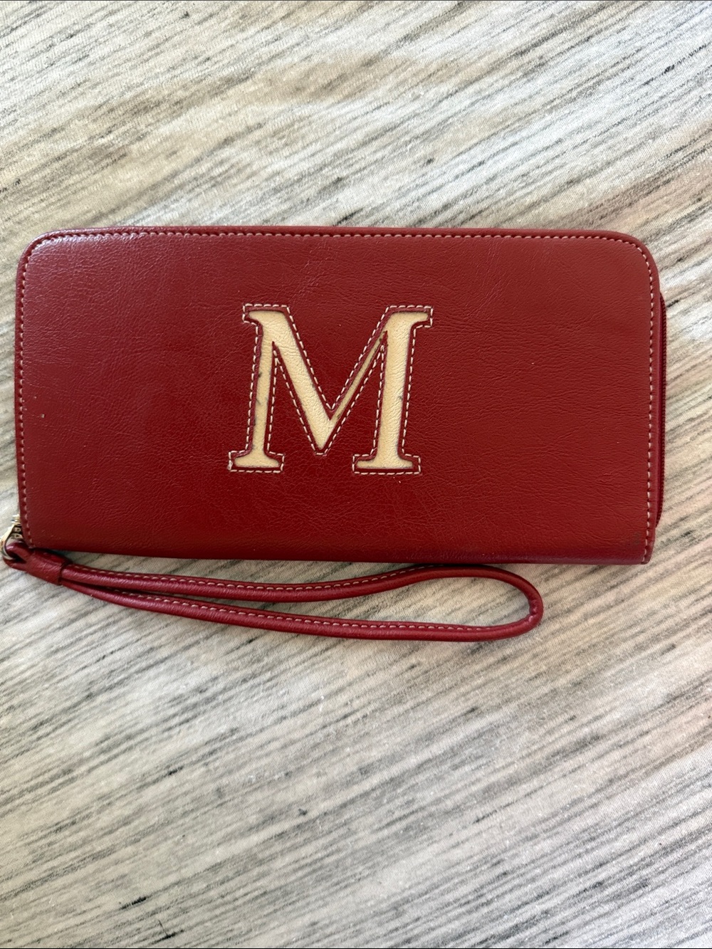 Liz Claiborne Red Leather Wristlet Clutch with Cream 'M' Applique